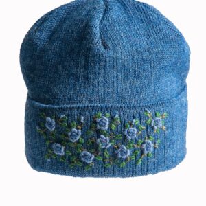 Naiste villane kootud müts käsitikandiga teksasinine